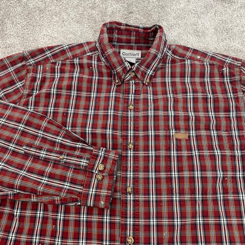 Carhartt Button Down Shirt Mens XL Work Shirt Plaid Paint Splatter Distressed